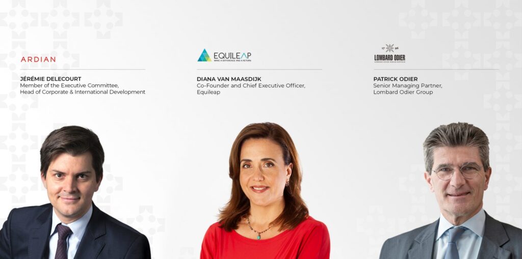 Three people with the name and logo of the company they work for