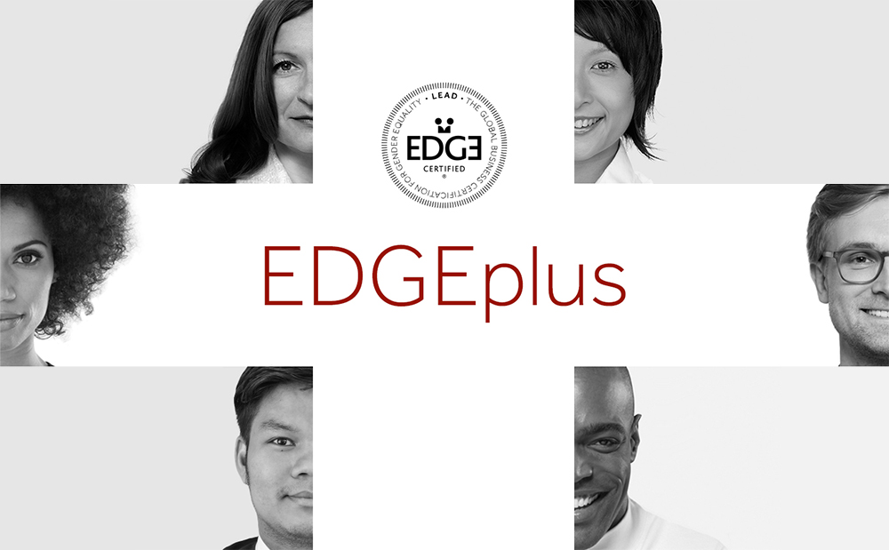 Six human faces on a gray and white background and the EDGE logo in the middle