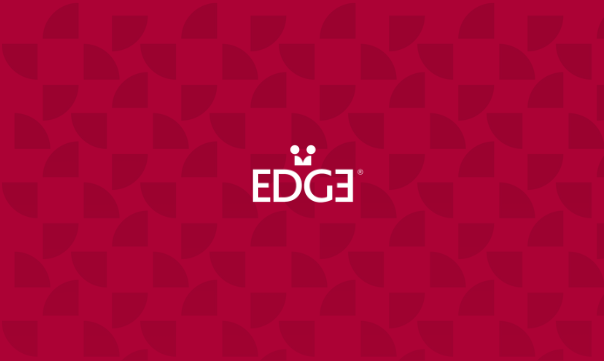 The Edge logo on a red background with maroon shapes